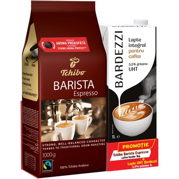 Cafea boabe Tchibo Barista Espresso, 1kg + Lapte Bardezzi, 1l Cafea boabe Tchibo Barista Espresso, 1kg + Lapte Bardezzi, 1l