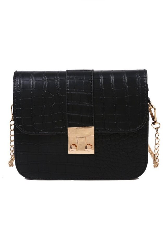 Geanta de dama Maggie neagra din piele ecologica tip piele de crocodil, 20 x 15 x 6 cm