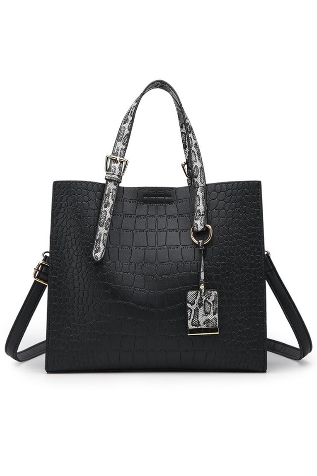 Geanta de dama Judith neagra din piele ecologica tip piele de crocodil, 25 x 18 x 11 cm