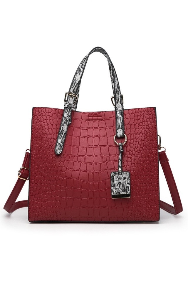 Geanta de dama Judith rosie din piele ecologica tip piele de crocodil, 25 x 18 x 11 cm