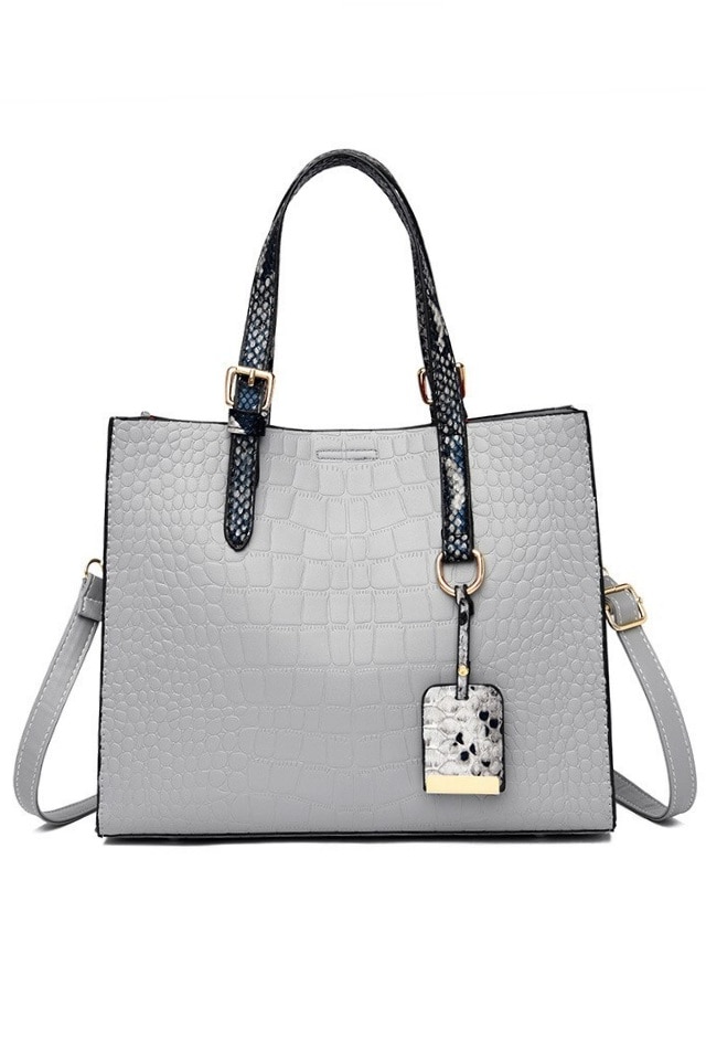 Geanta de dama Judith gri din piele ecologica tip piele de crocodil, 25 x 18 x 11 cm