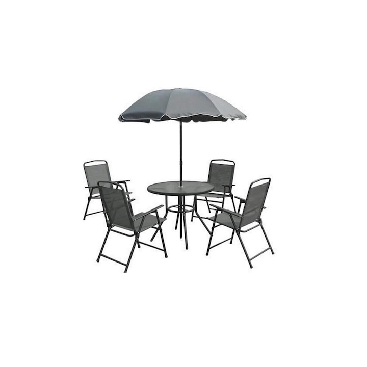 Set mobilier gradina gri, format din masa, 4 scaune, umbrela, Strend Pro Leticia, 85 x 71 cm scaunele, 180 cm masa