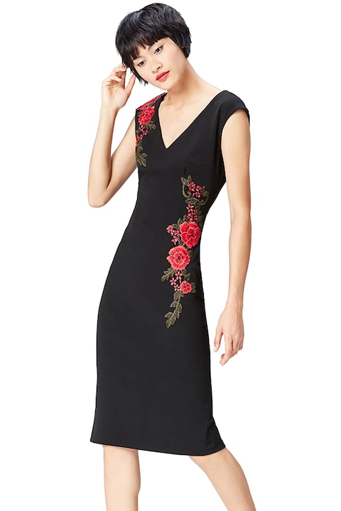 Дамска рокля Find AZ14125-0028259-4861093, V-образно деколте, Флорална бродерия, Черен, 38 M