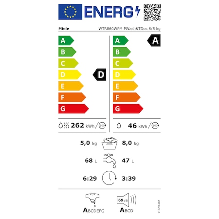 Masina de spalat rufe cu uscator Miele WTR 860 WPM, Spalare 8 kg, Uscare 5 kg, 1600 rpm, Clasa A, TwinDos, QuickPower, Alb