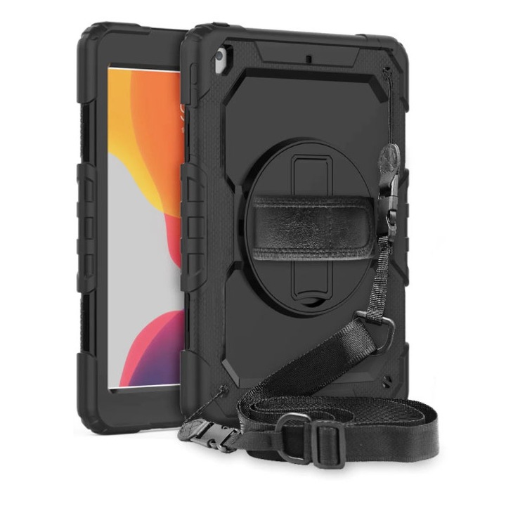 Nagy teherbírású tok iPad 9 / 8 / 7 10,2 hüvelykes (2019-2021) készülékhez kéztartással, forgatható állvánnyal