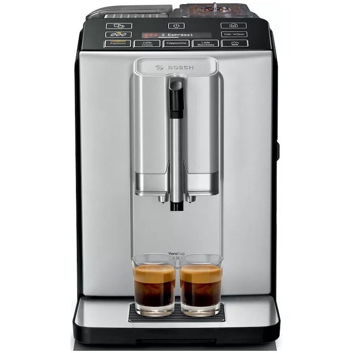 Кафеавтомат Bosch VeroCup 500 TIS30521RW, 1300W, 15 бара, 1.4 л, Функция OneTouch, Керамична мелничка, Устройство за разпенване на мляко MilkMagic Pro, Сребрист