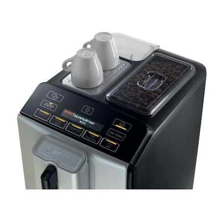 Espressor automat Bosch VeroCup 500 TIS30521RW, 1300W, 15 Bar, 1.4 l, Functie OneTouch, Rasnita ceramica, dispozitivul spumare lapte MilkMagic Pro, argintiu