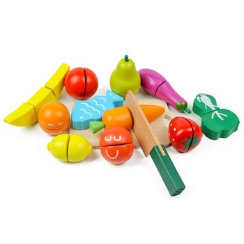 Set alimente pentru bucatarie, 11alimente din lemn unite cu velcro, cutit si tocator, cu margini rotunjite si vopsea sigura pentru copii Set alimente pentru bucatarie, 11alimente din lemn unite cu velcro, cutit si tocator, cu margini rotunjite si vopsea sigura pentru copii