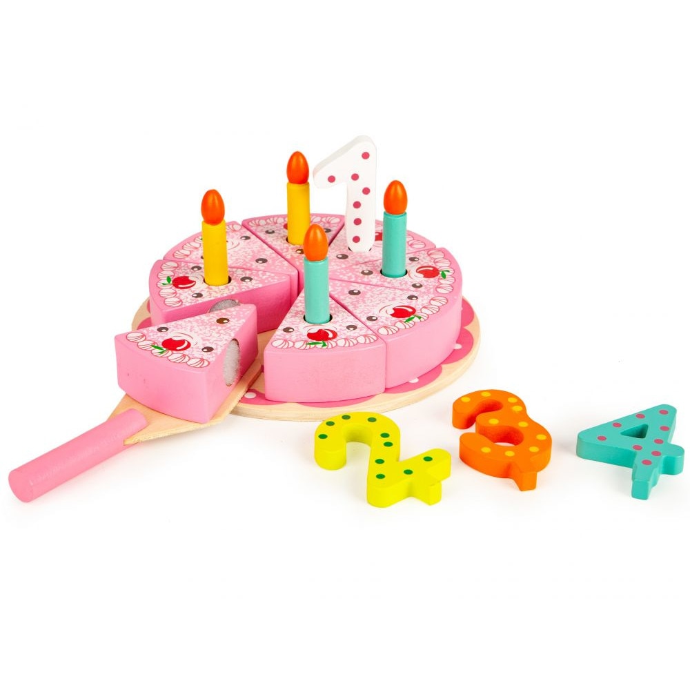 Set de lemn tort, 8 bucati separate unite cu velcro, spatula cu blat pentru tort, lumanari si 4 cifre pentru decor