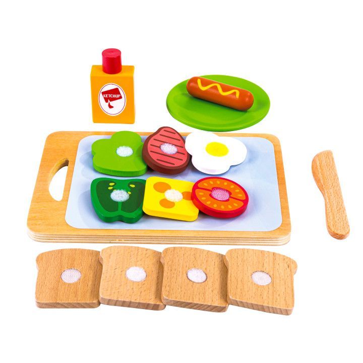 Set alimente din lemn pentru mic dejun, ingrediente conectate prin velcro, blat pentru taiat si cutit, toate piesele au margini rotunjite