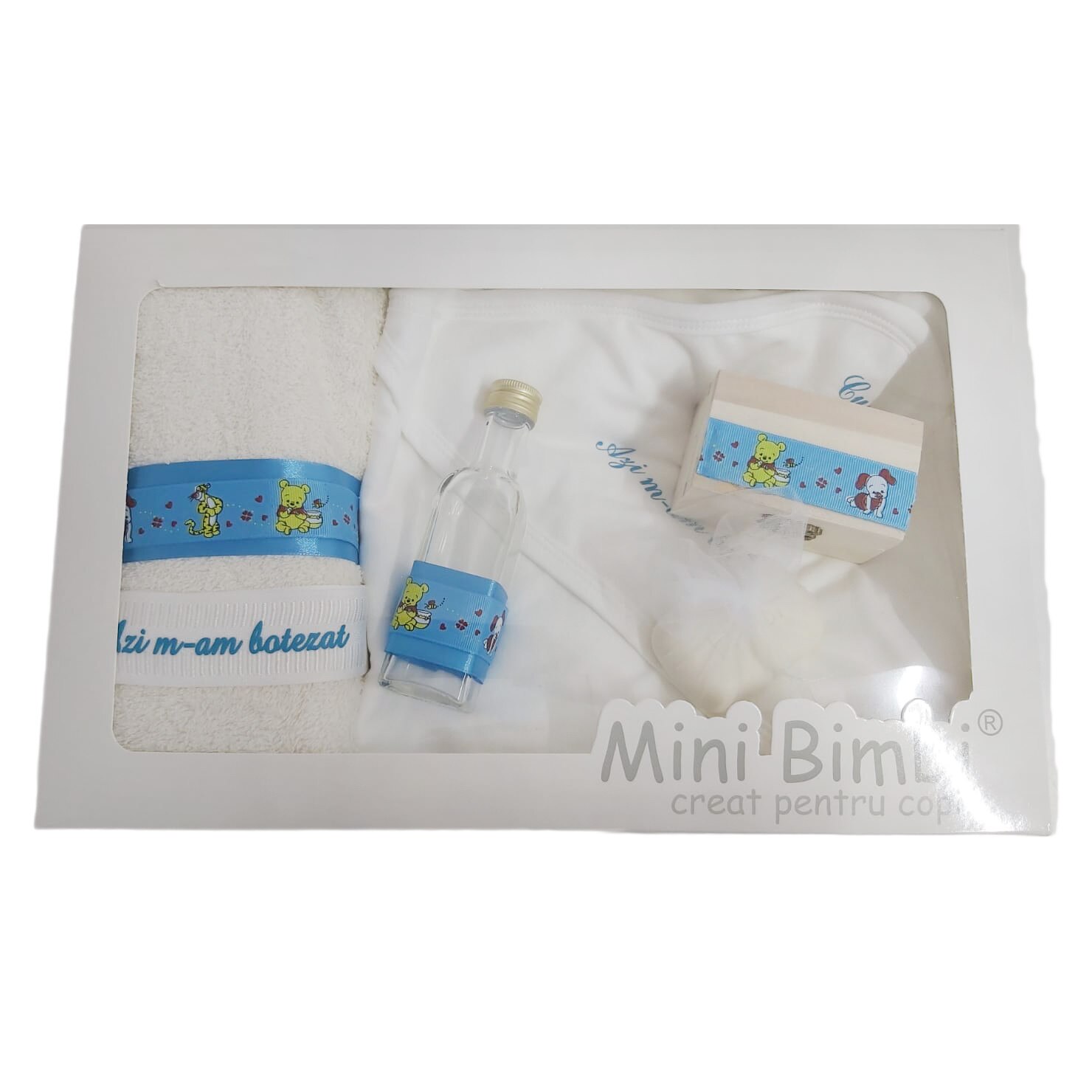 Set Trusou botez, Mini Bimbi, 8 piese, bumbac, bleu/ivoire, 0-12 luni
