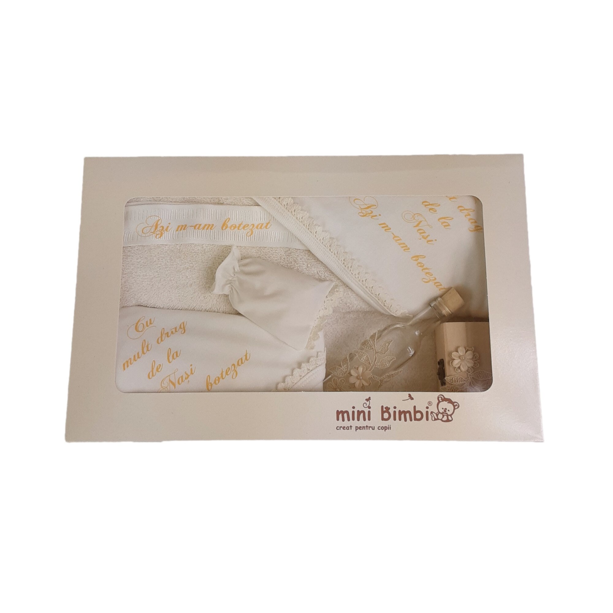 Set Trusou botez, Mini Bimbi, 8 piese, bumbac, ivoire/auriu, 0-12 luni