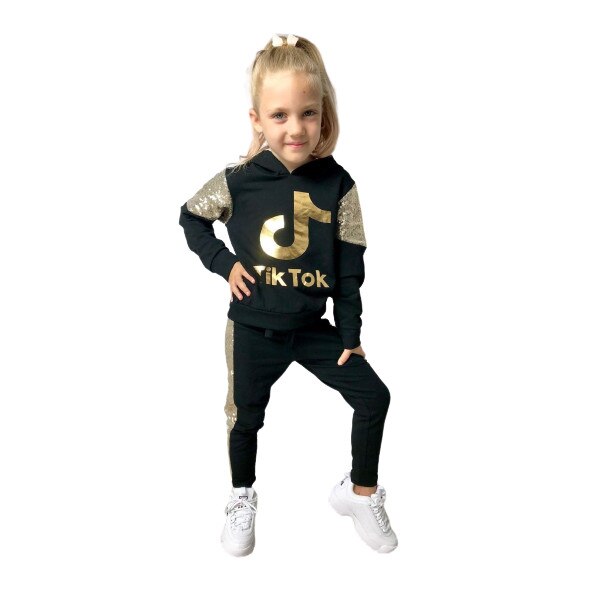 Trening Fete Tik Tok , Negru/Auriu, bumbac