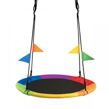 Leagan tip cuib multicolor cu stegulete, diametru 100 cm, cadru matalic si lungimea corzilor reglabila Leagan tip cuib multicolor cu stegulete, diametru 100 cm, cadru matalic si lungimea corzilor reglabila