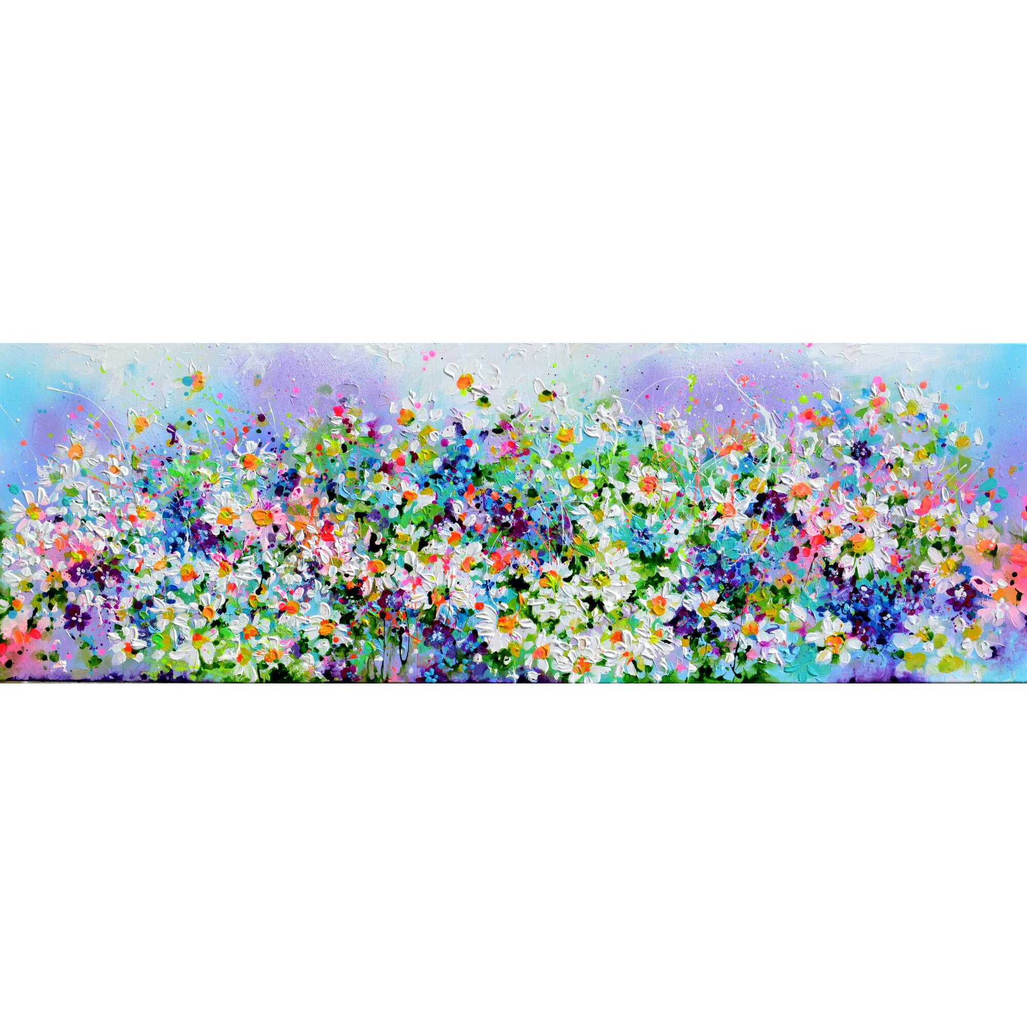 Tablou floral, pictura cu flori de nu ma uita, de primavara, margarete, pictat manual, reliefuri inalte, original, mare, colorata - I've Dreamed 27, 120x40x4 cm, pictor Soos Roxana Gabriela