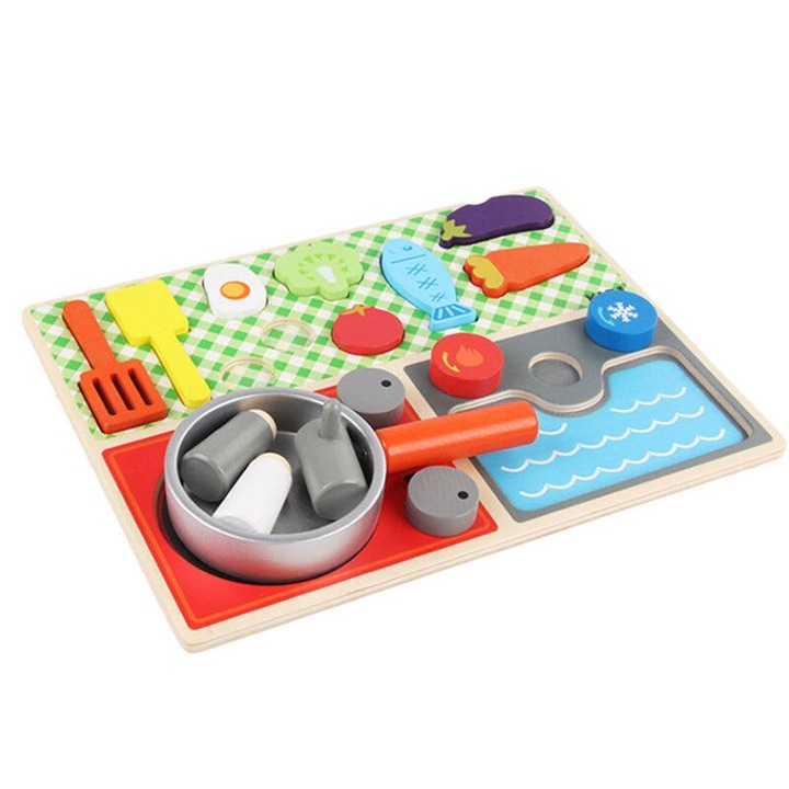 Bucatarie de lemn, cu accesorii , puzzle incastru, 15 piese