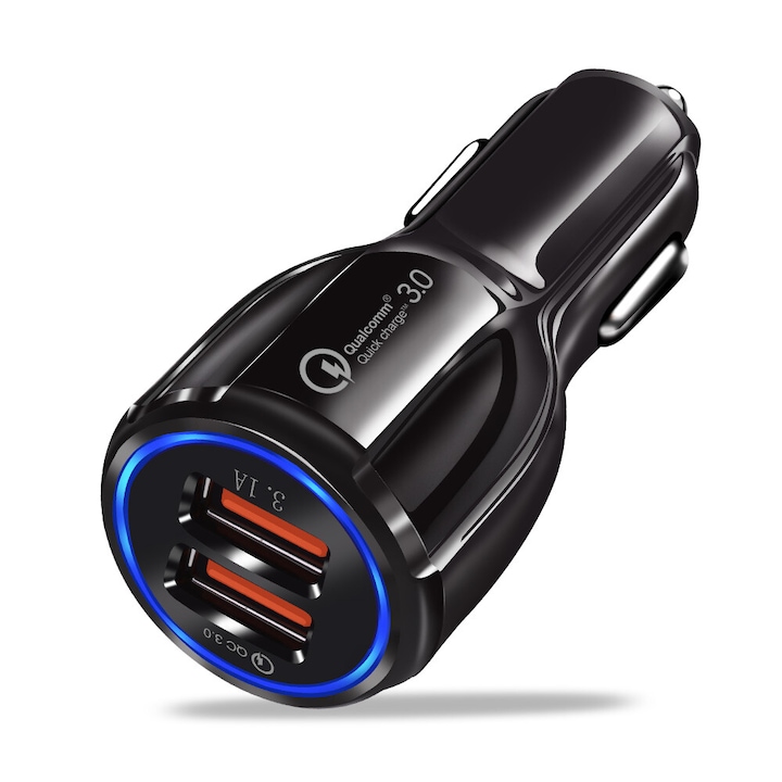 OEM Univerzális autós töltő, 2 x USB, Quick Charge 3.0, 12-32V, 7.8 x 3.2 x 3.2 cm, Fekete