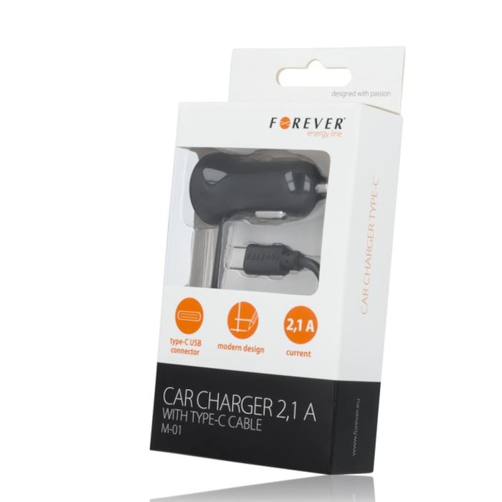 Forever M-01 szivargyújtó töltő 1.2m Type-C kábellel (2.1A) 10W