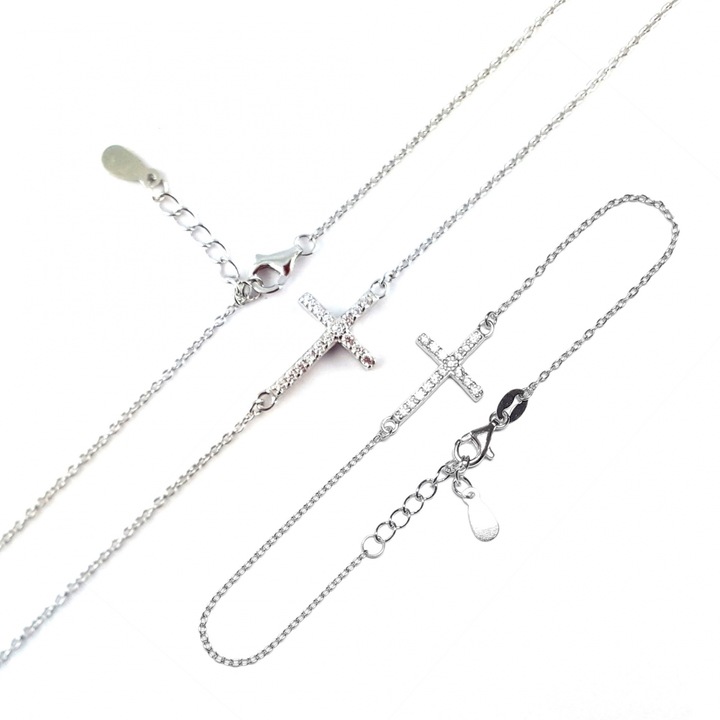 Персонализиран комплект сребърна верижка и гривна с регулируем сребърен кръст 8751(8)425 Dras