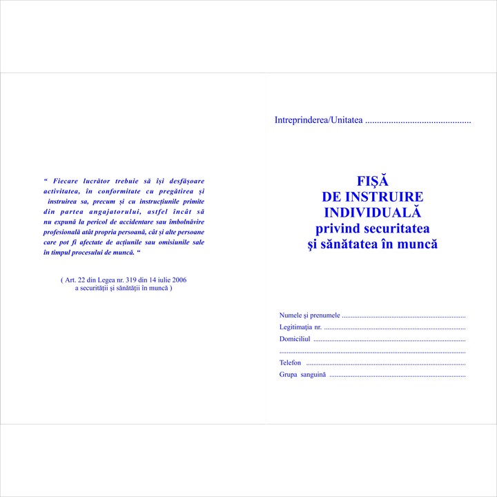 Set 50 bucati Fise de Instruire pentru Protectia Muncii, S.S.M model 3, cu coperta groasa 170gr, Format A5, 16pag si Declaratie traseu deplasare si Test verificare cunostinte cu un plan de evacuare si organizarea apararii impotriva incendiilor