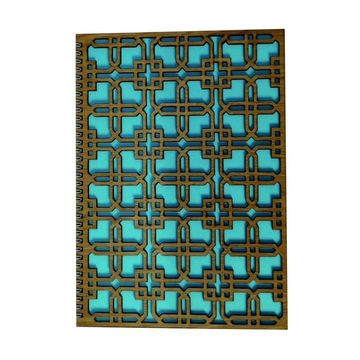 Agenda cu coperti din lemn traforat, Artizanii lemnului, model geometric beta stejar-albastru, A4, stejar, 60 file