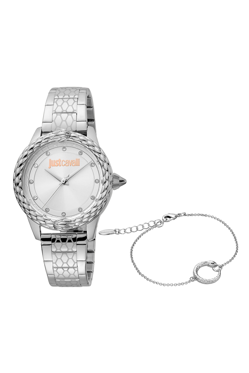 JUST CAVALLI, Set de bratara si ceas din otel inoxidabil decorat cu cristale, Argintiu
