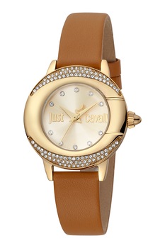 JUST CAVALLI, Ceas analog decorat cu cristale, Maro scortisoara JUST CAVALLI, Ceas analog decorat cu cristale, Maro scortisoara