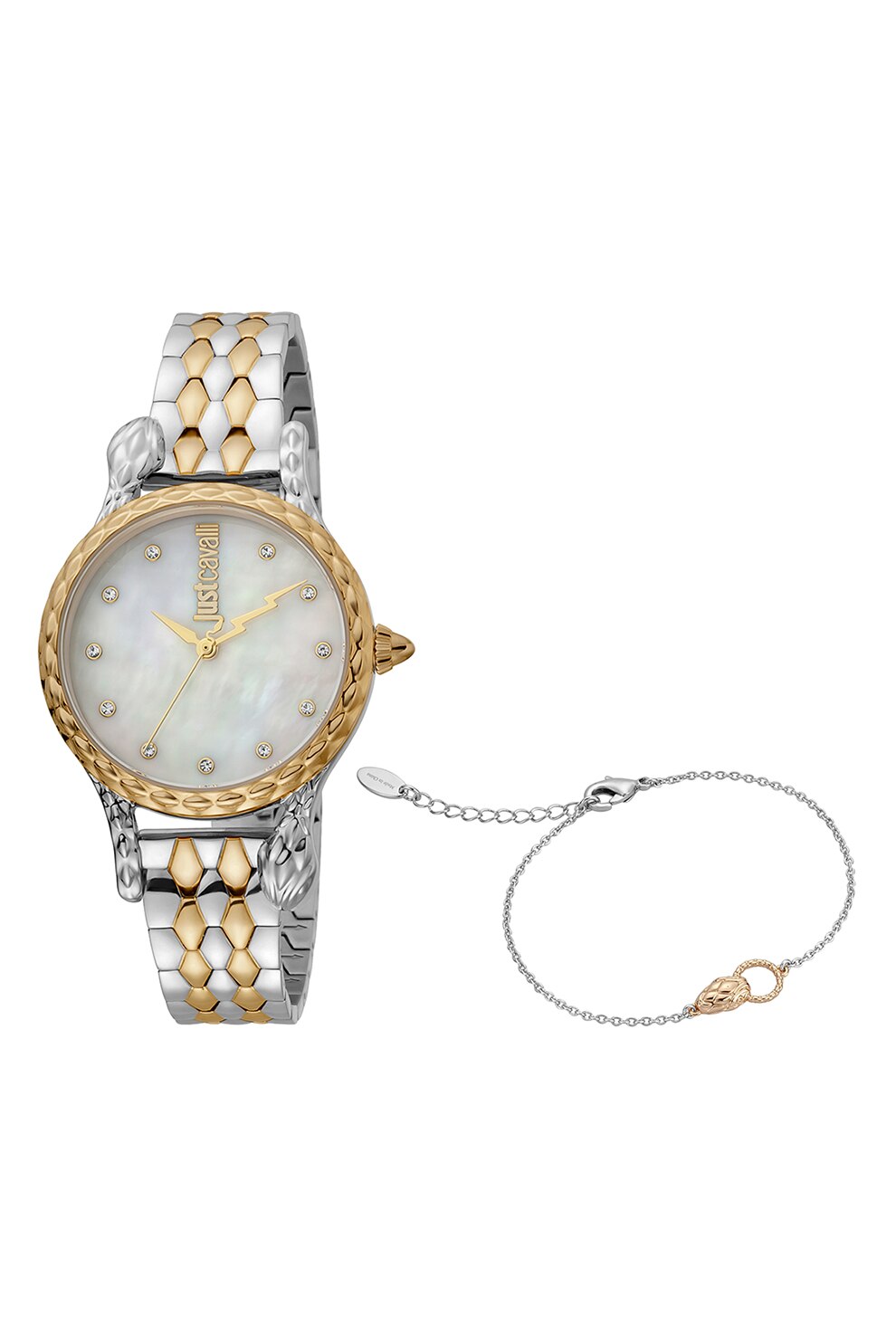 JUST CAVALLI, Set de bratara si ceas din otel inoxidabil decorat cu cristale, Argintiu/Auriu