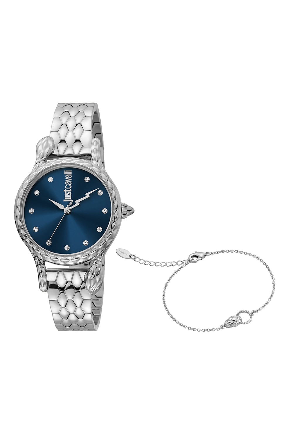 JUST CAVALLI, Set de bratara si ceas din otel inoxidabil decorat cu cristale, Argintiu
