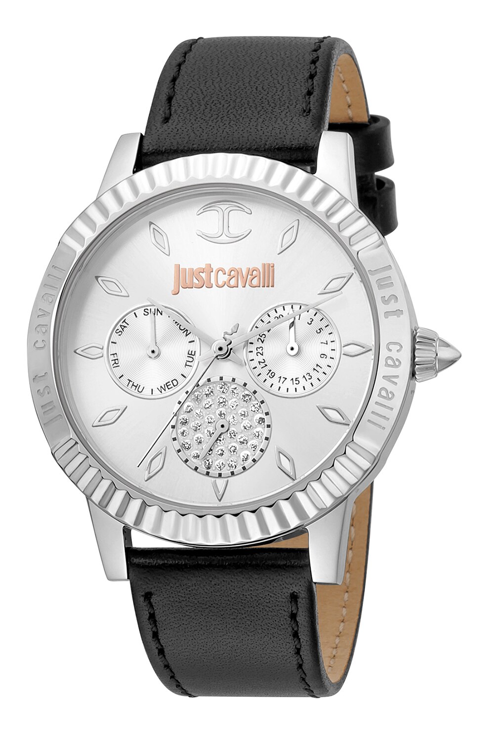 JUST CAVALLI, Ceas cu functii multiple si curea de piele, Negru
