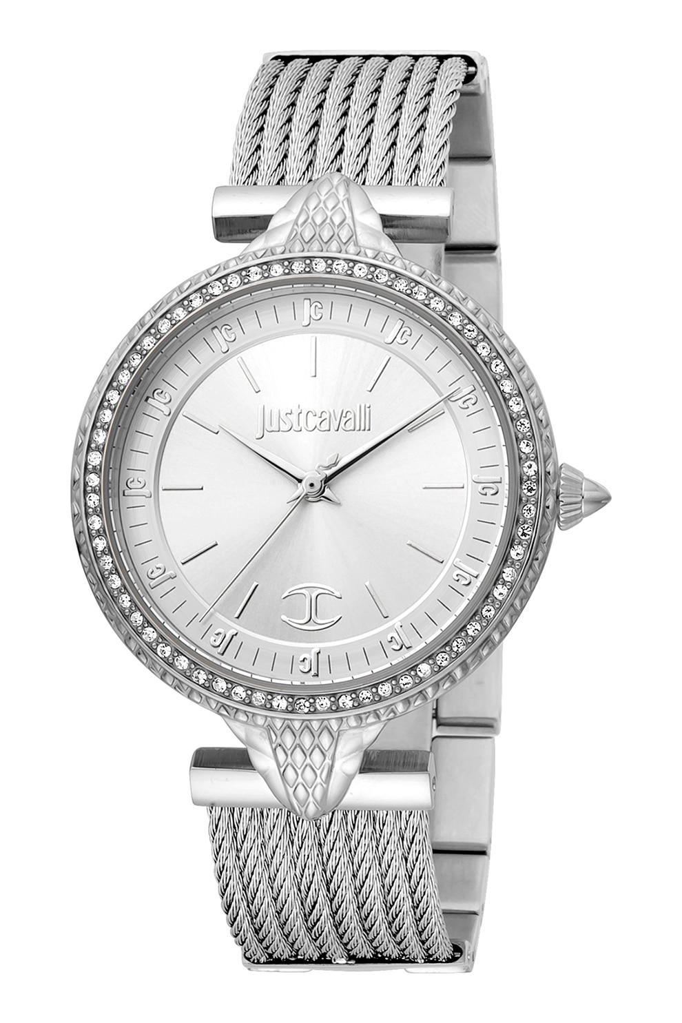 JUST CAVALLI, Ceas analog cu coroana cu cristale, Argintiu