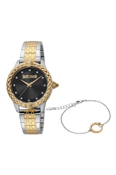 JUST CAVALLI, Set de bratara si ceas din otel inoxidabil decorat cu cristale, Auriu/Argintiu JUST CAVALLI, Set de bratara si ceas din otel inoxidabil decorat cu cristale, Auriu/Argintiu