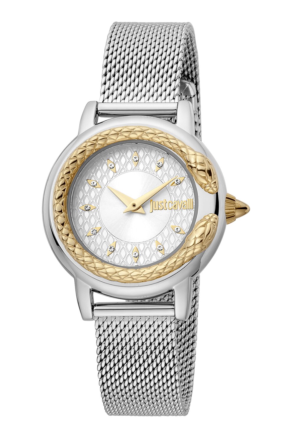 JUST CAVALLI, Ceaz quartz cu doua nuante si bratara cu model plasa, Argintiu