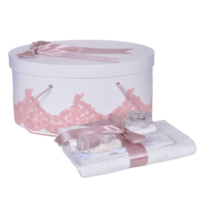 Set trusou botez si cutie trusou, dantela si fundita, decor elegant Roz pudra, Denikos® 851