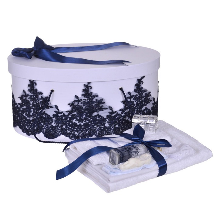 Set trusou botez si cutie trusou, dantela si fundita, decor elegant Bleumarin, Denikos® 850