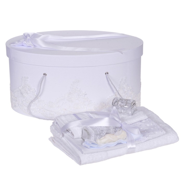 Set trusou botez si cutie trusou, dantela si fundita, decor elegant Alb, Denikos® 845