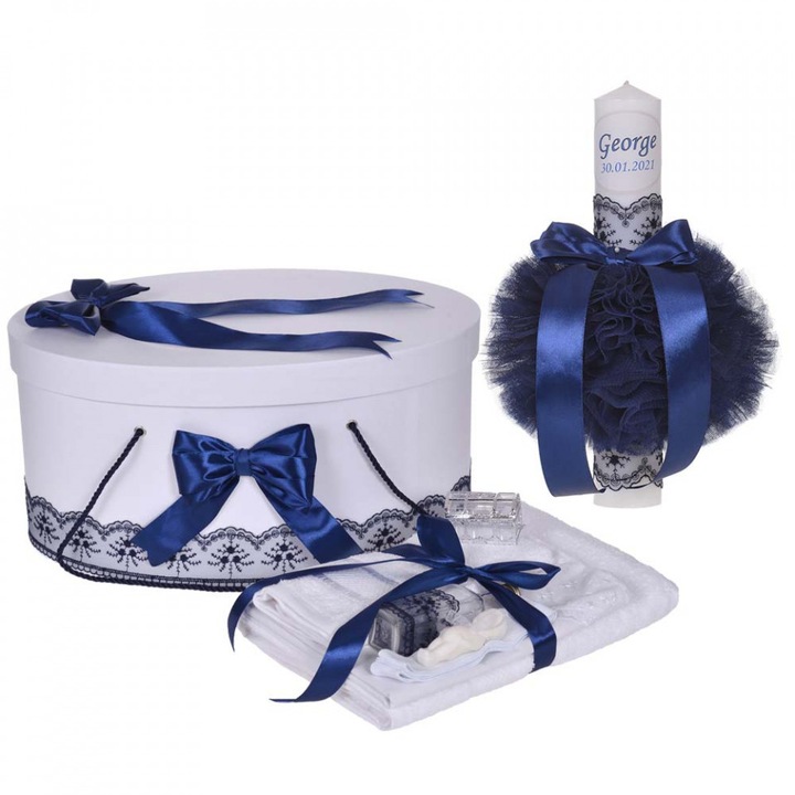 Set trusou botez, cutie trusou si lumanare personalizata cu nume, decor Bleumarin, Denikos® 900
