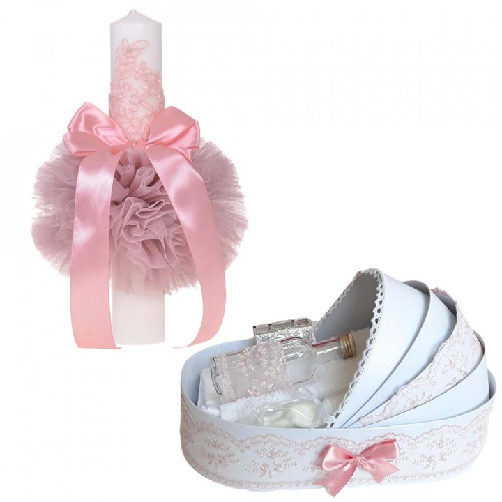 Lumanare botez glob cu dantela si trusou botez in landou, decor Roz pudra, Denikos® 747