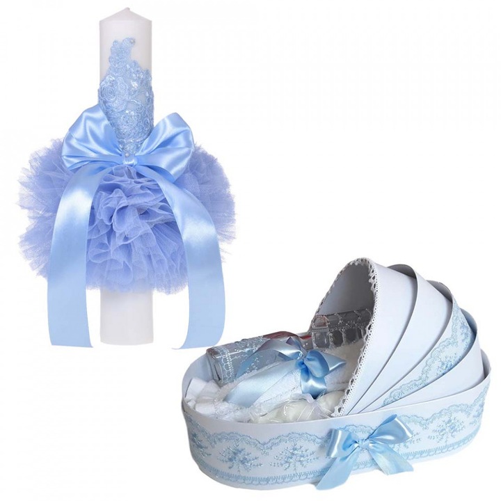 Lumanare botez glob cu dantela si trusou botez in landou, decor Bleu, Denikos® 751