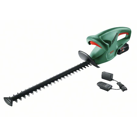 Foarfeca electrica pe acumulator pentru tuns gard viu Bosch EasyHedgeCut 0600849H02, 18 V, 45 cm lungime cutit, 2400 curse/min, 15 mm distanta intre dinti, contine: acumulator 18V 2.0 Ah + incarcator