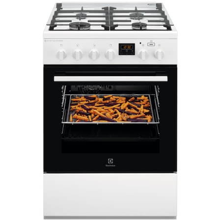 Aragaz Electrolux, Mixt, 4 arzatoare gaz, Cuptor electric multifunctional, Gratare fonta, Plus Steam, AirFry, Aprindere integrata, Grill electric, Clasa A, 60 cm, Alb