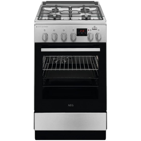 Aragaz AEG CKB56480BM, Mixt, 4 arzatoare gaz, Cuptor electric multifunctional, SteamBake, AirFry, Gratare fonta, Aprindere integrata, Grill electric, Clasa A, 60 cm, Inox