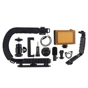 Suport de stabilizare in forma de C cu lummini led, microfon shotgun si cap de trepied cold shoe pentru telefoane mobile si aparate foto Suport de stabilizare in forma de C cu lummini led, microfon shotgun si cap de trepied cold shoe pentru telefoane mobile si aparate foto