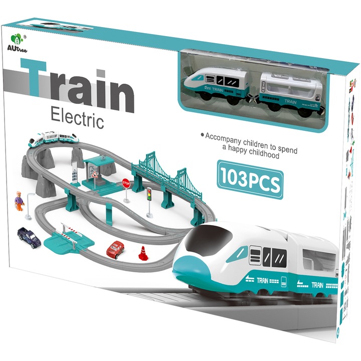 Circuit tren electric cu lumini si sunete, Mappy City Rail cu accesorii, 103 piese, verde