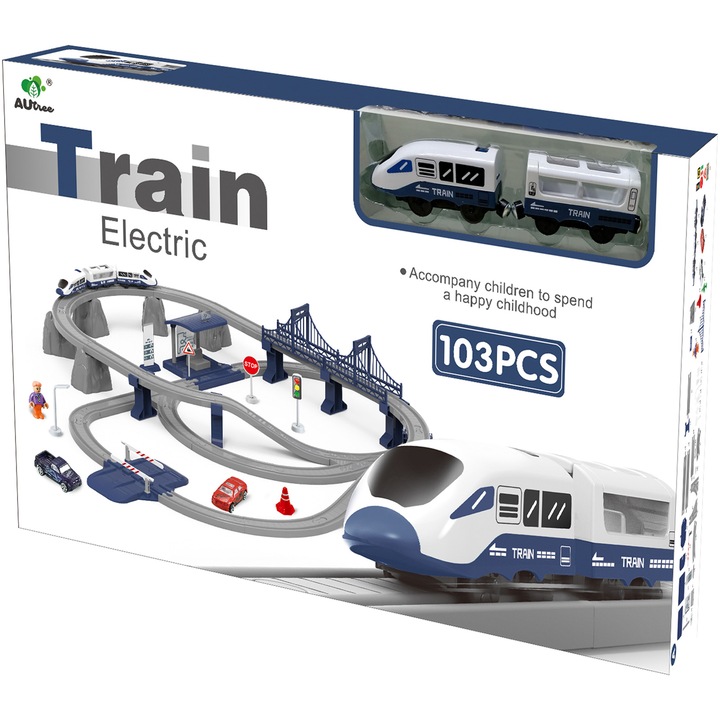 Circuit tren electric cu lumini si sunete, Mappy City Rail cu accesorii, 103 piese, albastru