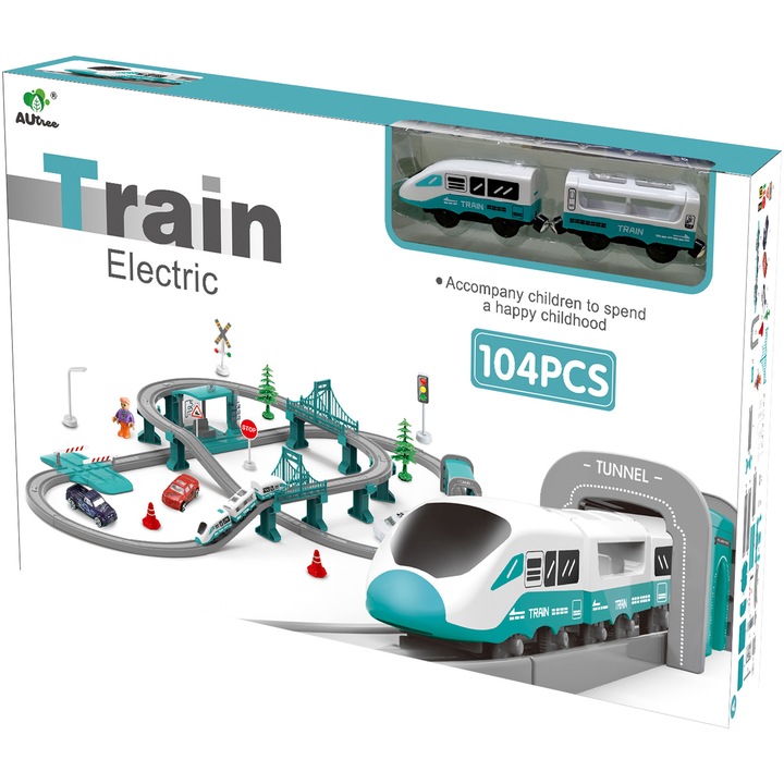 Circuit tren electric cu lumini si sunete, Mappy City Rail cu accesorii, 104 piese, verde