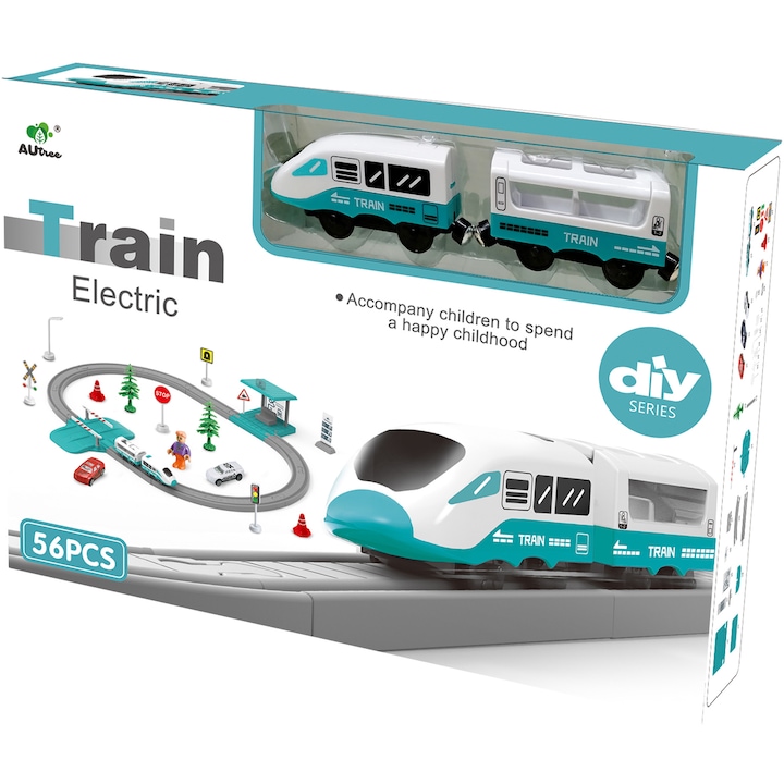 Релси за електрически влак със светлини и звуци M-Toys City Rail, С аксесоари, 56 части, Син