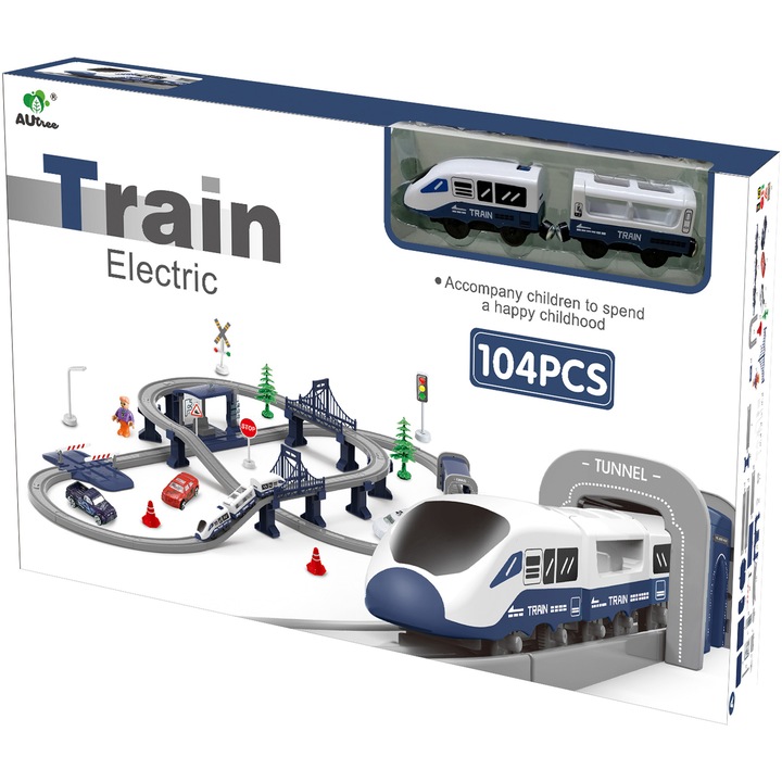 Circuit tren electric cu lumini si sunete, Mappy City Rail cu accesorii, 104 piese, albastru