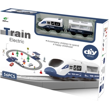 Circuit tren electric cu lumini si sunete, M-Toys City Rail cu accesorii, 56 piese, Albastru Circuit tren electric cu lumini si sunete, M-Toys City Rail cu accesorii, 56 piese, Albastru