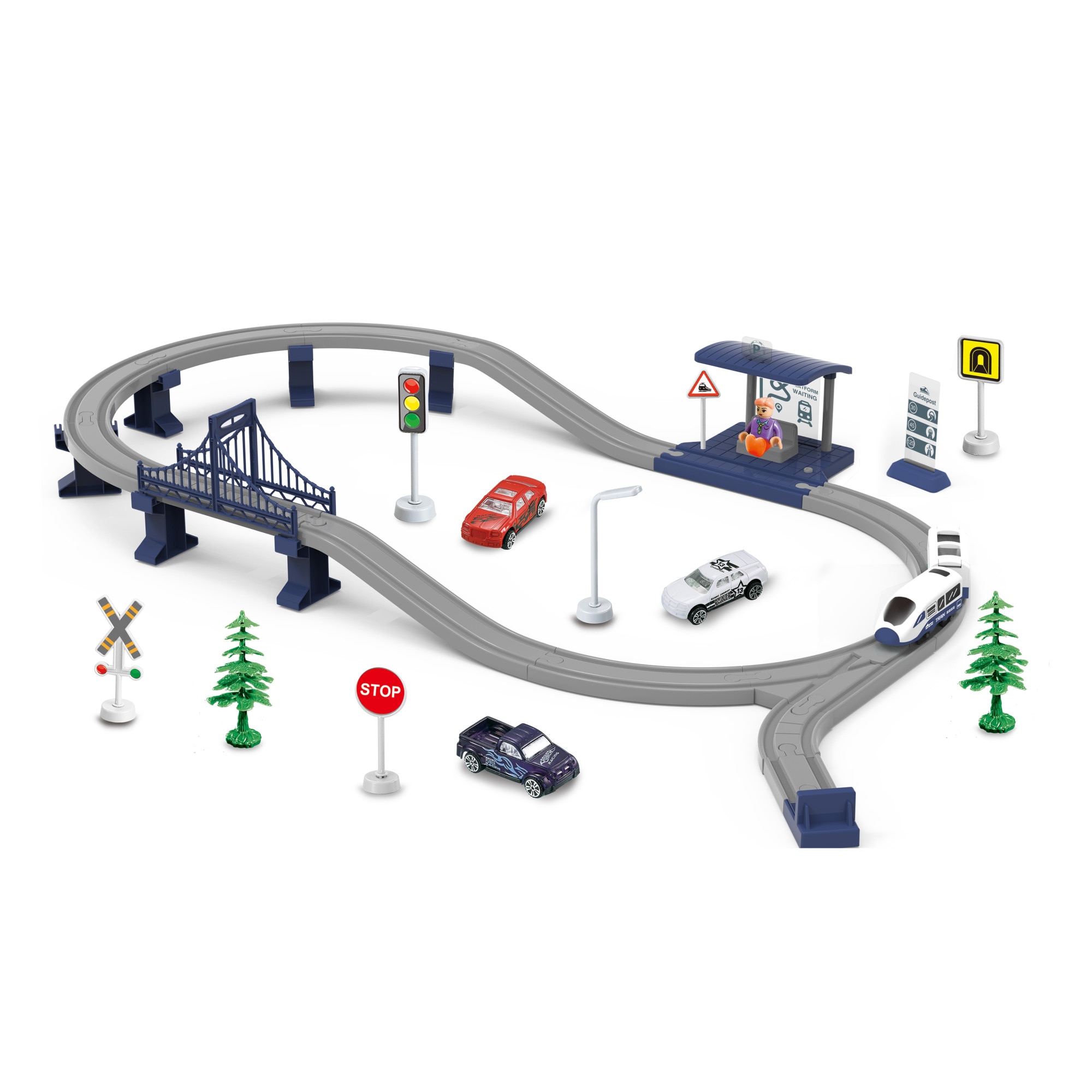 Circuit tren electric cu lumini si sunete, M-Toys City Rail cu accesorii, 62 piese, Albastru